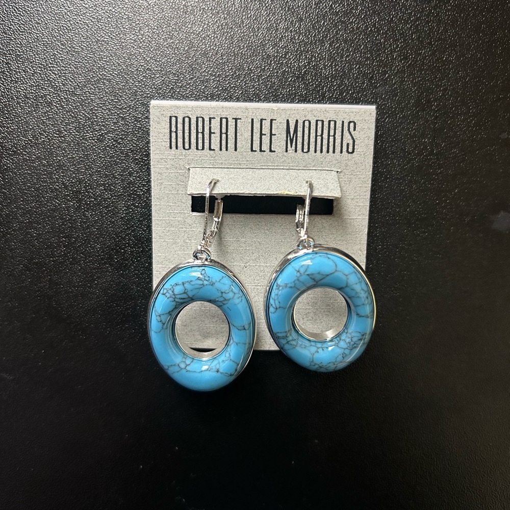 Robert Lee Morris Oval Silver Tone  Drop Earrings Blue Veined Turquoise NWT